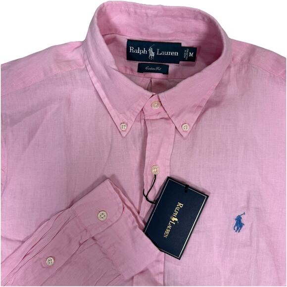 NWT Ralph Lauren Linen Custom Fit Pink Long Sleeve Button Down Shirt Mens Size M - Picture 1 of 8